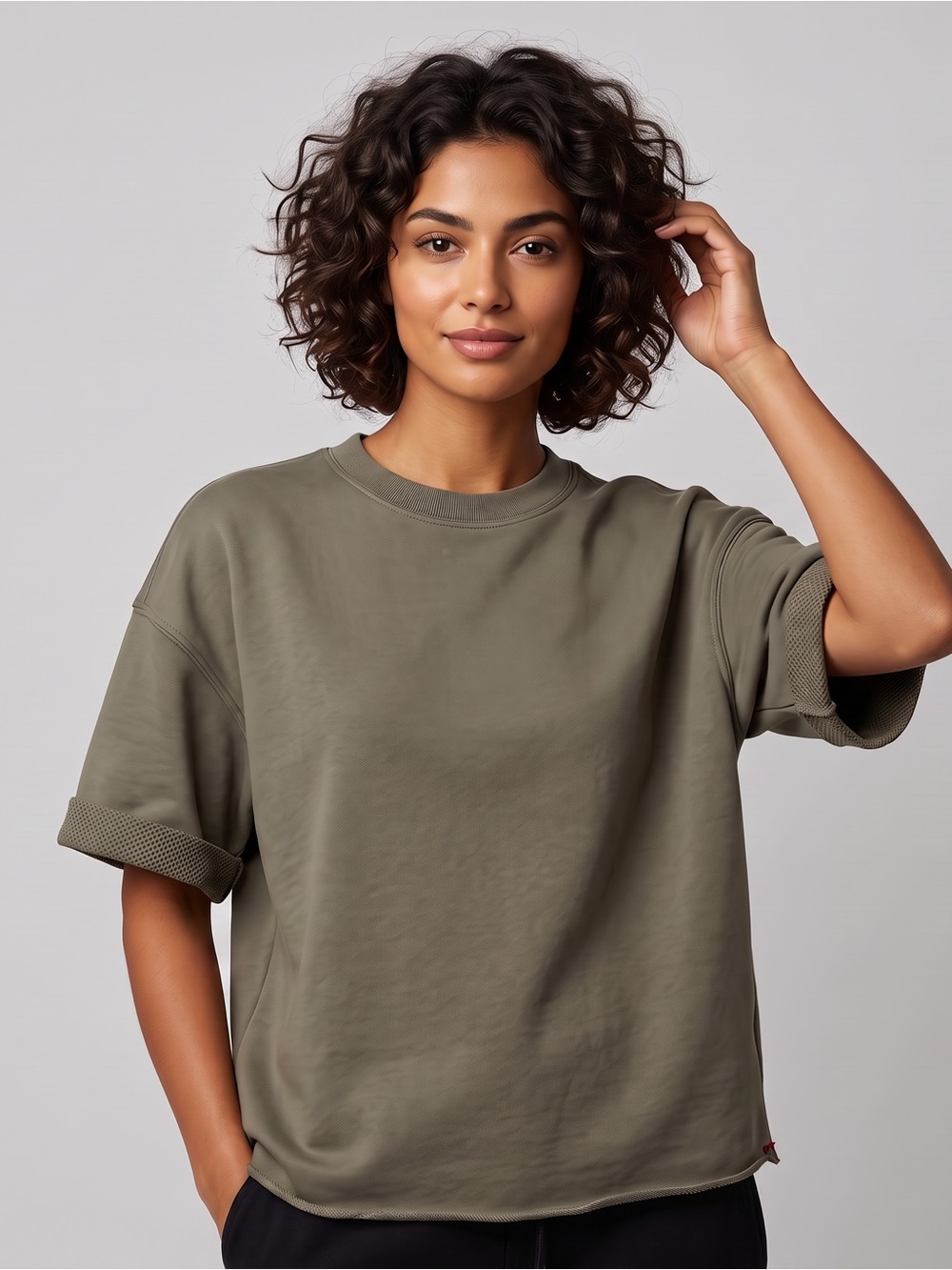 NWT XiRENA Olive Green Crew Neck Short Sleeve Sweatshirt - minor flaw see pic!